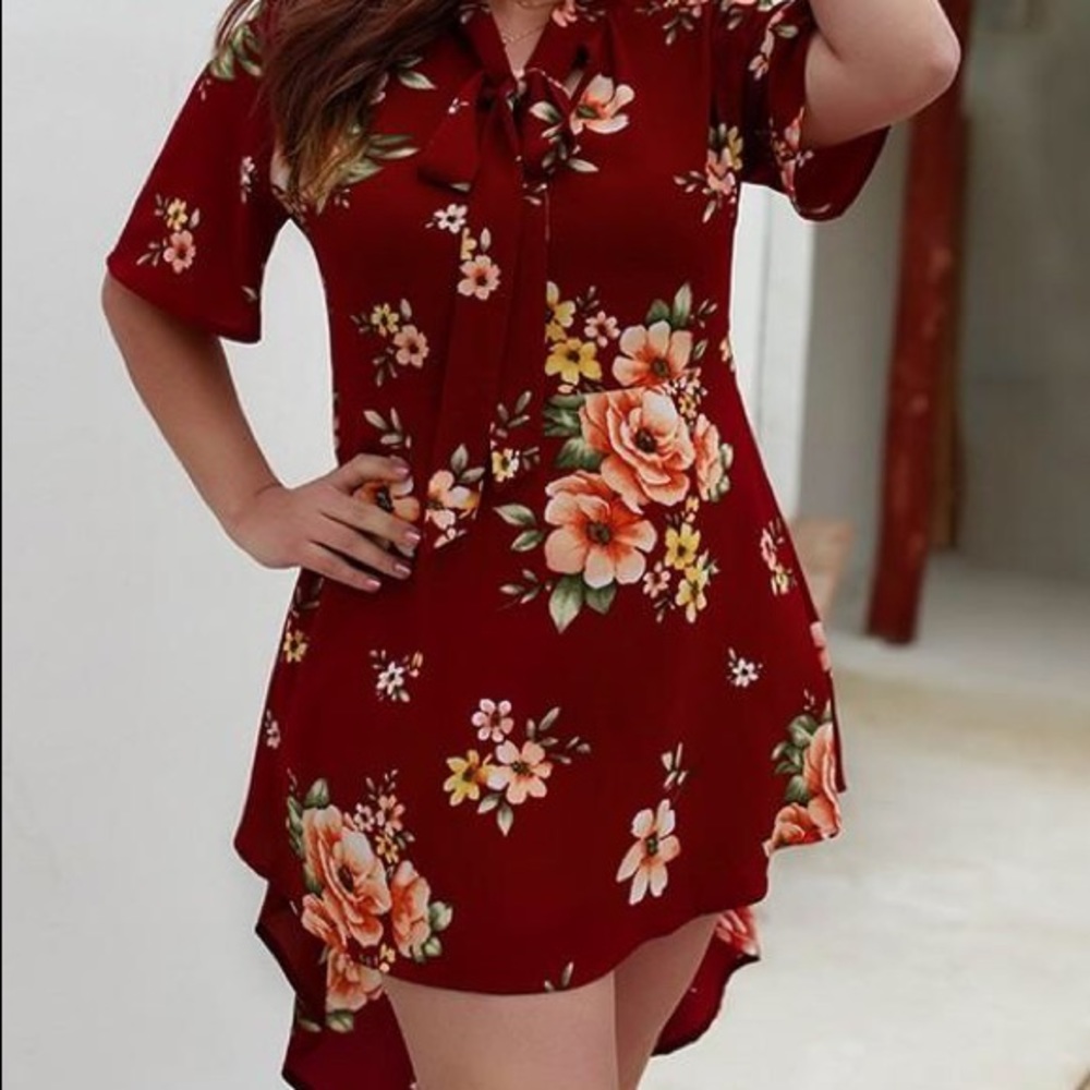 Plus Size Floral Print V Neck Mini Dresses - Picture 1 of 4